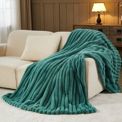 NEWCOSPLAY Faux Fur Throw Blanket Light Teal 3D Ribbed Plush Thick Warm Blanket for Couch Sofa Bed