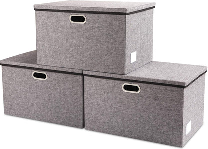 PRANDOM Extra Large Collapsible Storage Bins with Lids [3-Pack] Linen Fabric Foldable Storage