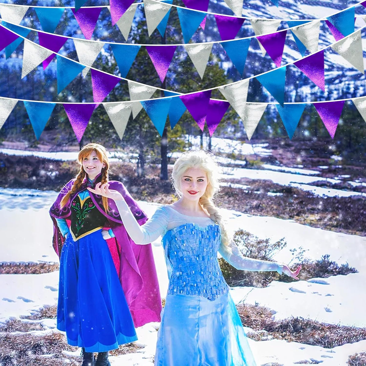 Frozen Party Decoration Purple Blue Silver Metallic Fabric Triangle Pennant Banner Flag Bunting