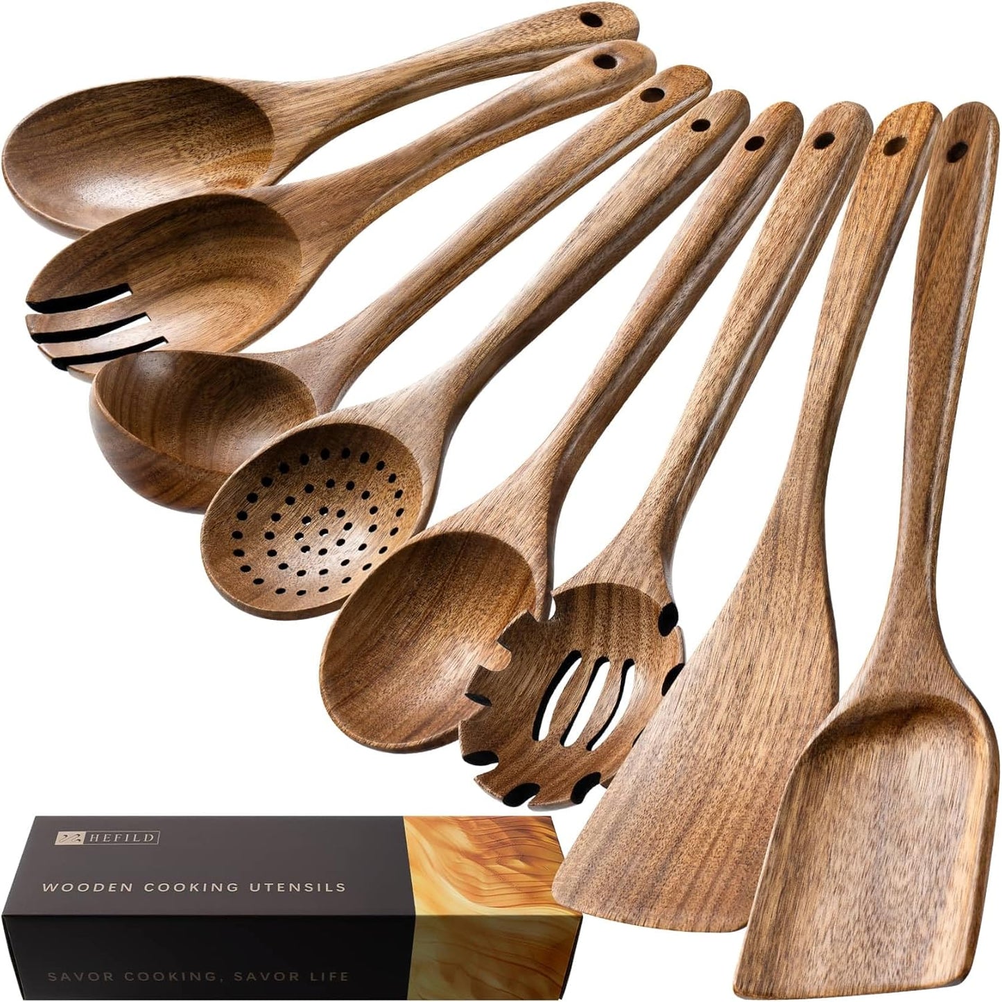 Wooden Spoons for Cooking, Nonstick Cooking Utensil Set with 8 Piece Acacia Wooden Spatulas and
