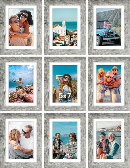 Vittanly 5x7 Picture Frames Set of 9, Shatter Resistant Plexiglass, Display 4x6 Pictures with Mat