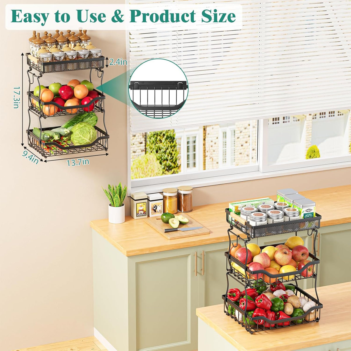 Giwil 3 Tier Countertop Fruit Mesh Basket for Kitchen, Vegetable Storage Bread Fruit Bowl Stand