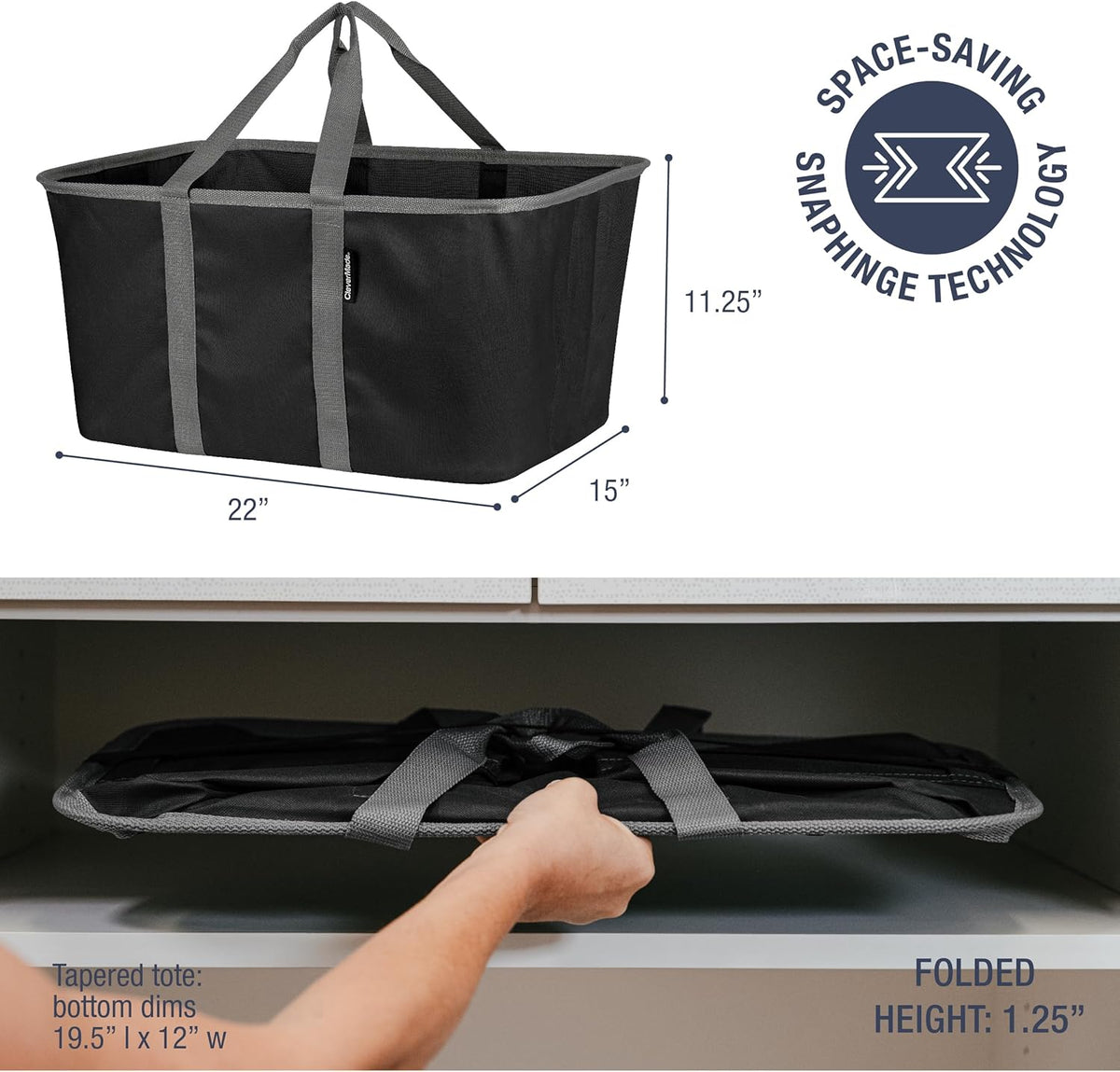 CleverMade Collapsible Laundry Tote - Midnight Black Shadow Gray 2-Pack 50L - Foldable Storage