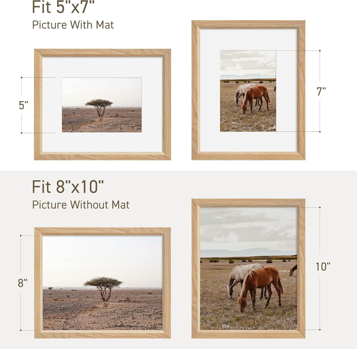 8x10 Picture Frame Set of 4 Natural Solid Oak Photo Frames with 5x7 Removable Mat Wall Hanging