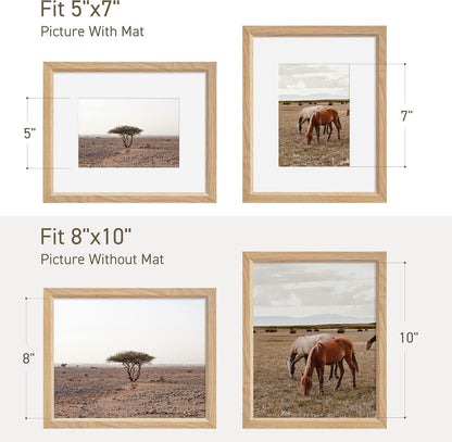8x10 Picture Frame Set of 4 Natural Solid Oak Photo Frames with 5x7 Removable Mat Wall Hanging