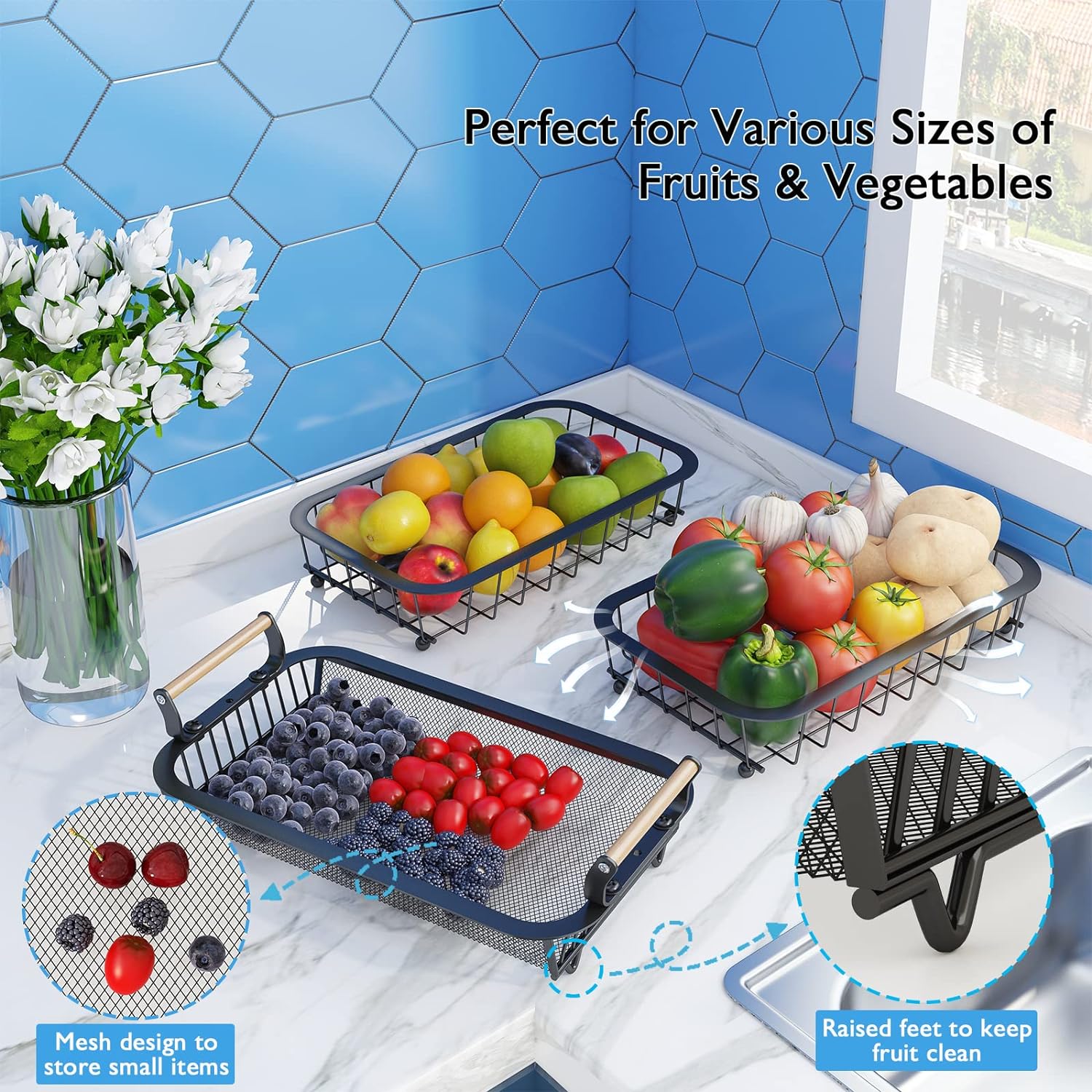 ANTOPY 3 Tier Fruit Basket with 2 Banana Hangers, Countertop Fruit Vegetable Basket Bowl for