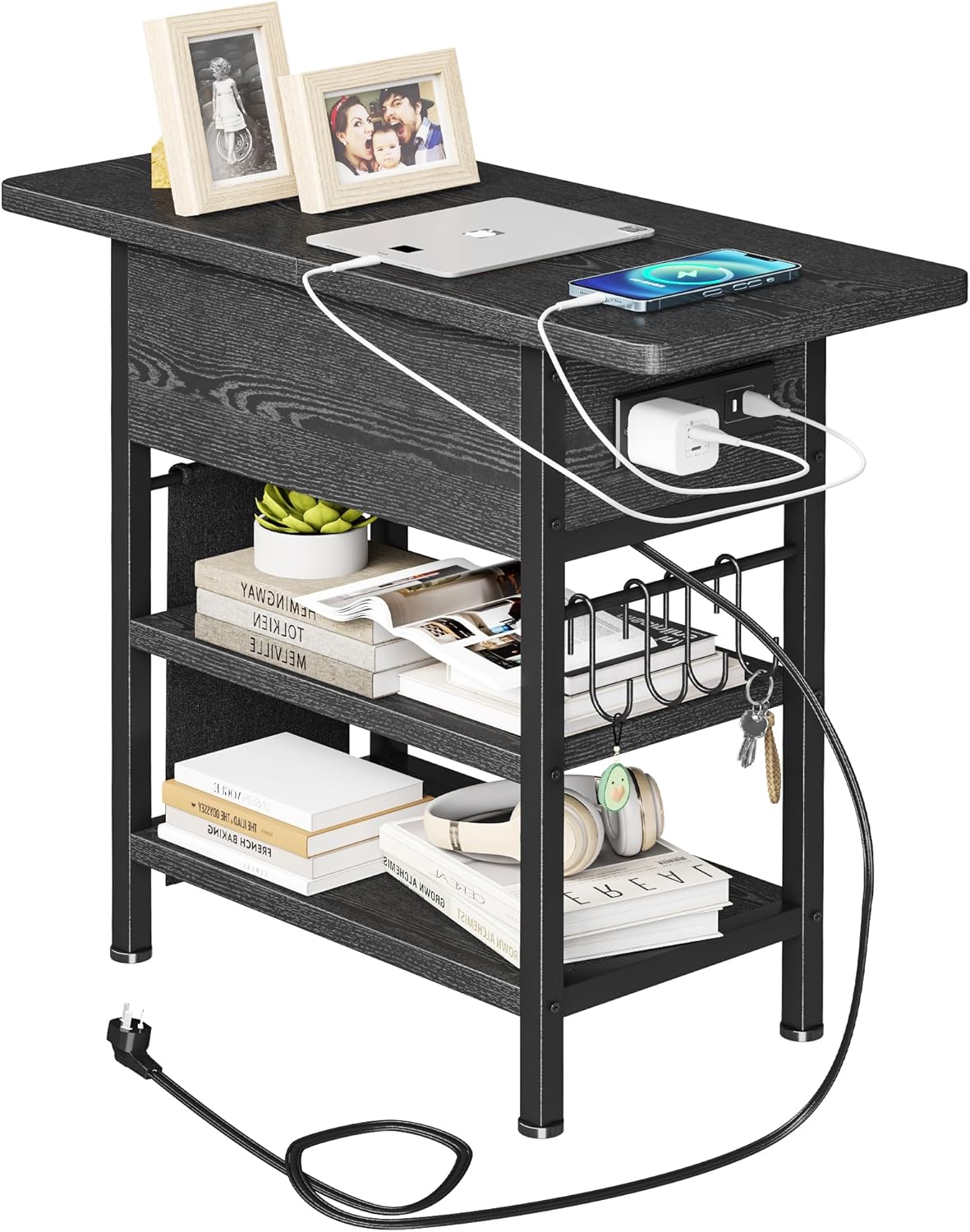 End Table with Charging Station, Flip Top Nightstand with USB Ports and Outlets,Couch Side Table