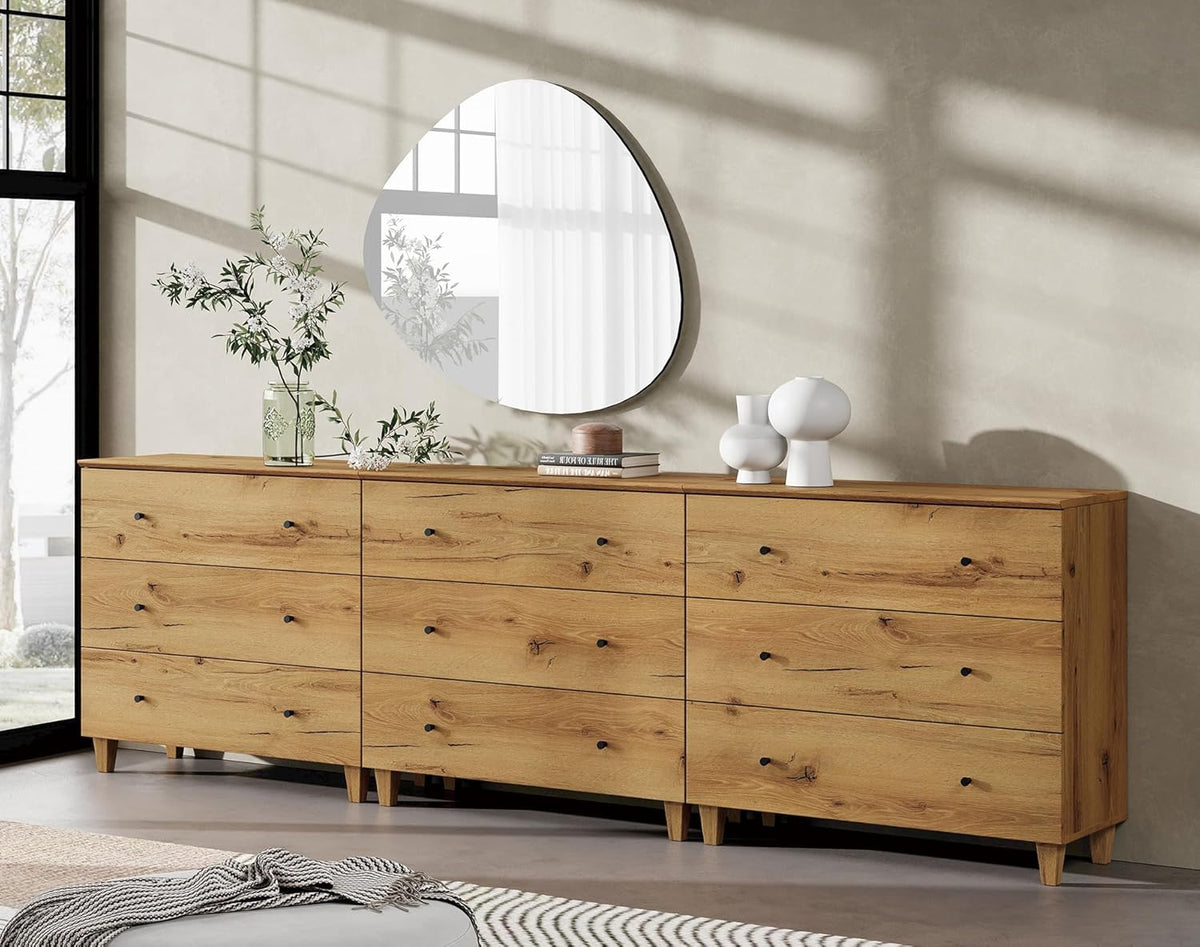 WAMPAT Dresser with 9 Drawers, Bedroom 3-in-1 Wide Wooden Chest of Drawers, Modern Long Dressers