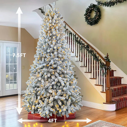 7.5ft Pre-lit Artificial Snow Flocked Christmas Tree with Quick Power Connect, 798 Warm White &