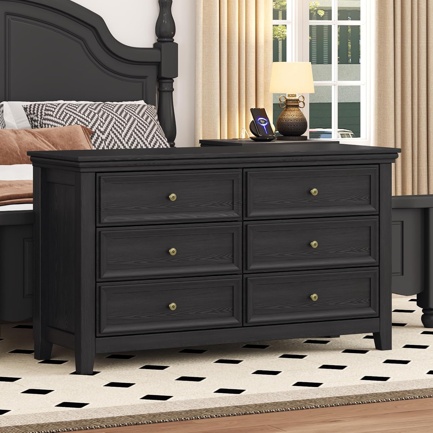 BLANKSPACE Black 6 Drawer Dresser, Modern Dresser for Bedroom, Wood Drawer Organizer with Metal
