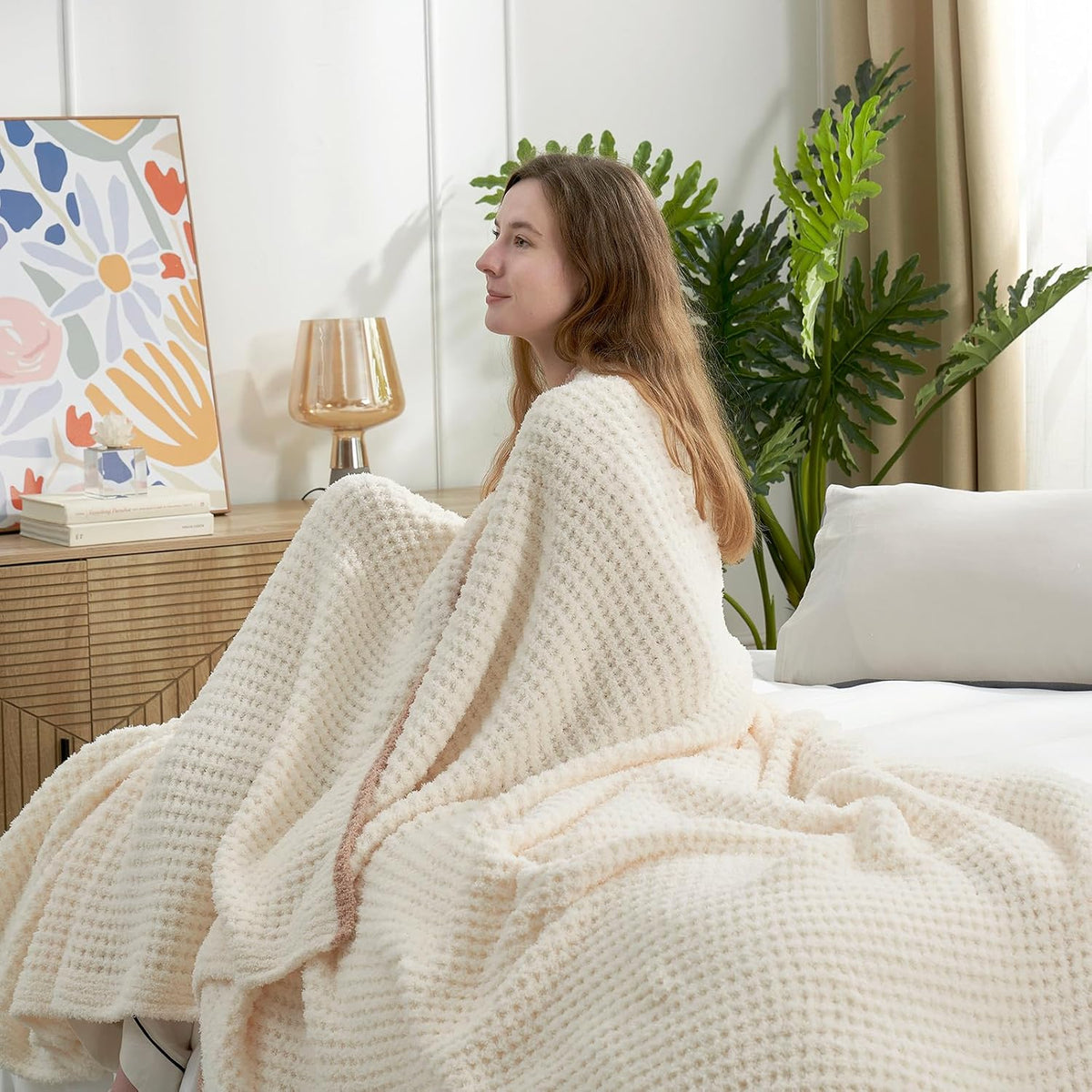Snuggle Sac Ultra Soft Waffle Throw Blanket for Couch Bed Sofa 50x60 inches, Reversible Cream