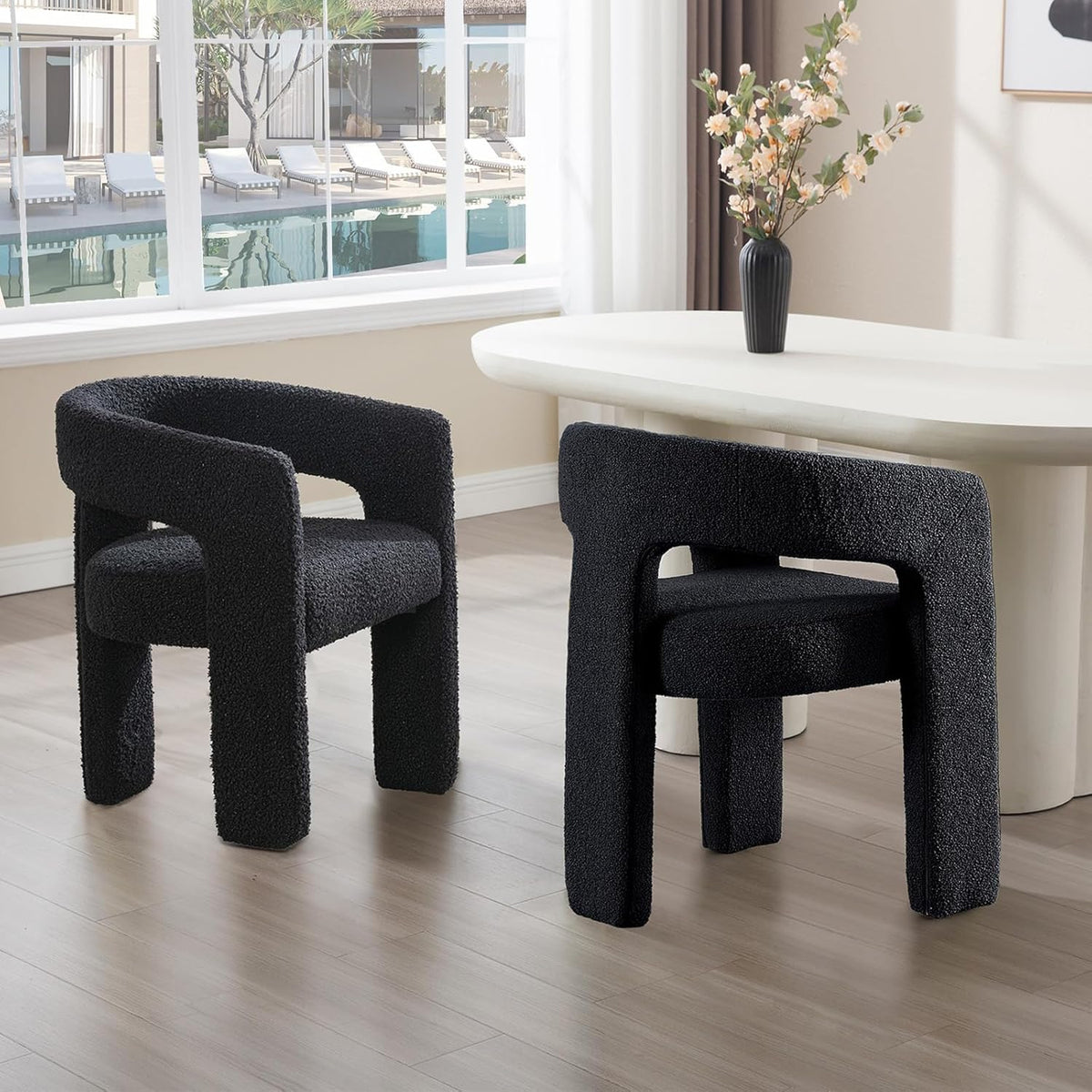 Black Sherpa Dining Chairs Set of 2, Modern Barrel Dining Room Chairs Upholstered Faux Fur Accent