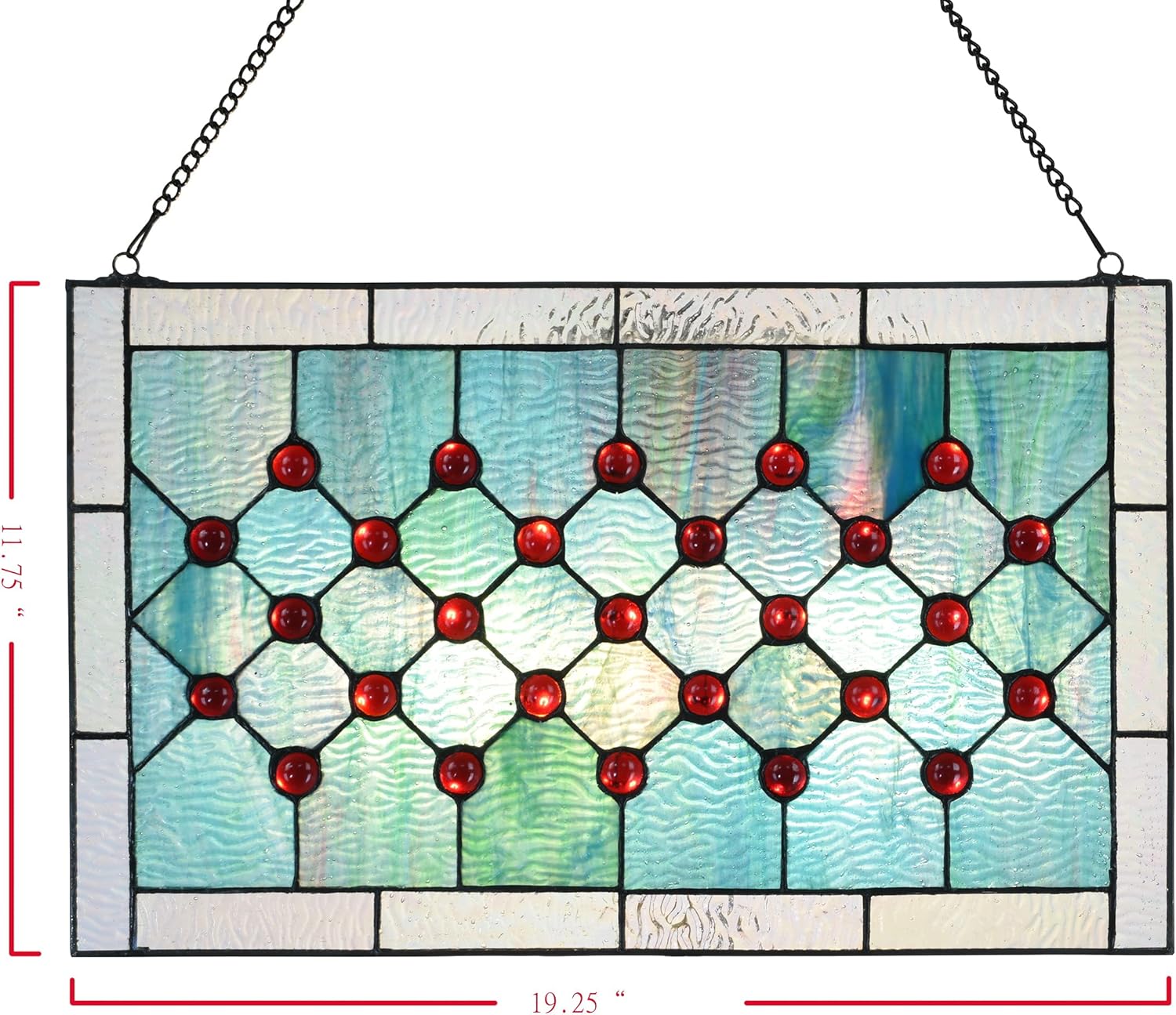 Tiffany Stained Glass 19.25" x 11.75" Window Panel, 100% Genuine Stained Glass and Cabochon