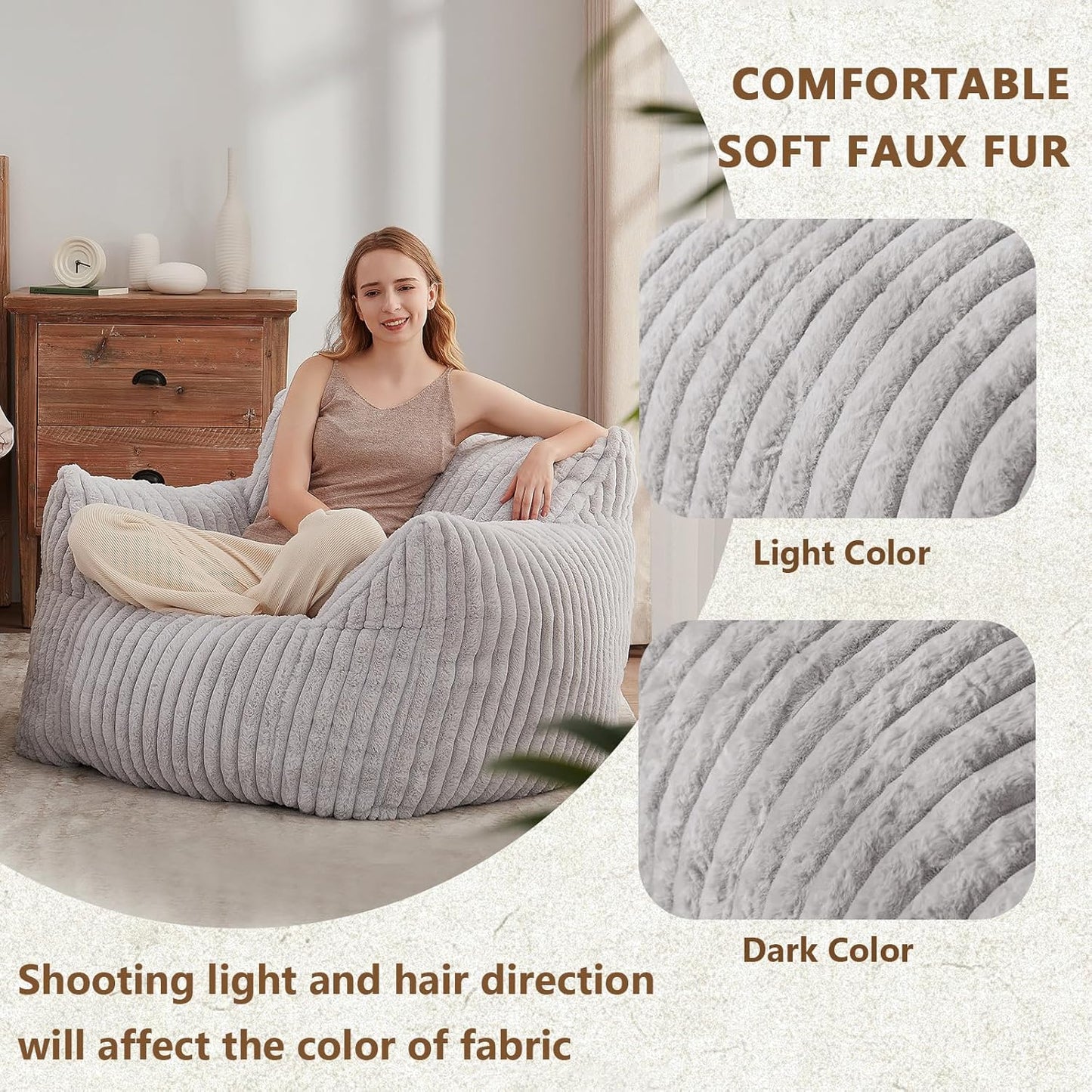 Giant Bean Bag Chairs for Adults Teens, Large Bean Bag Sofa Chairs with Filling Comfy Fuzzy BeanBag