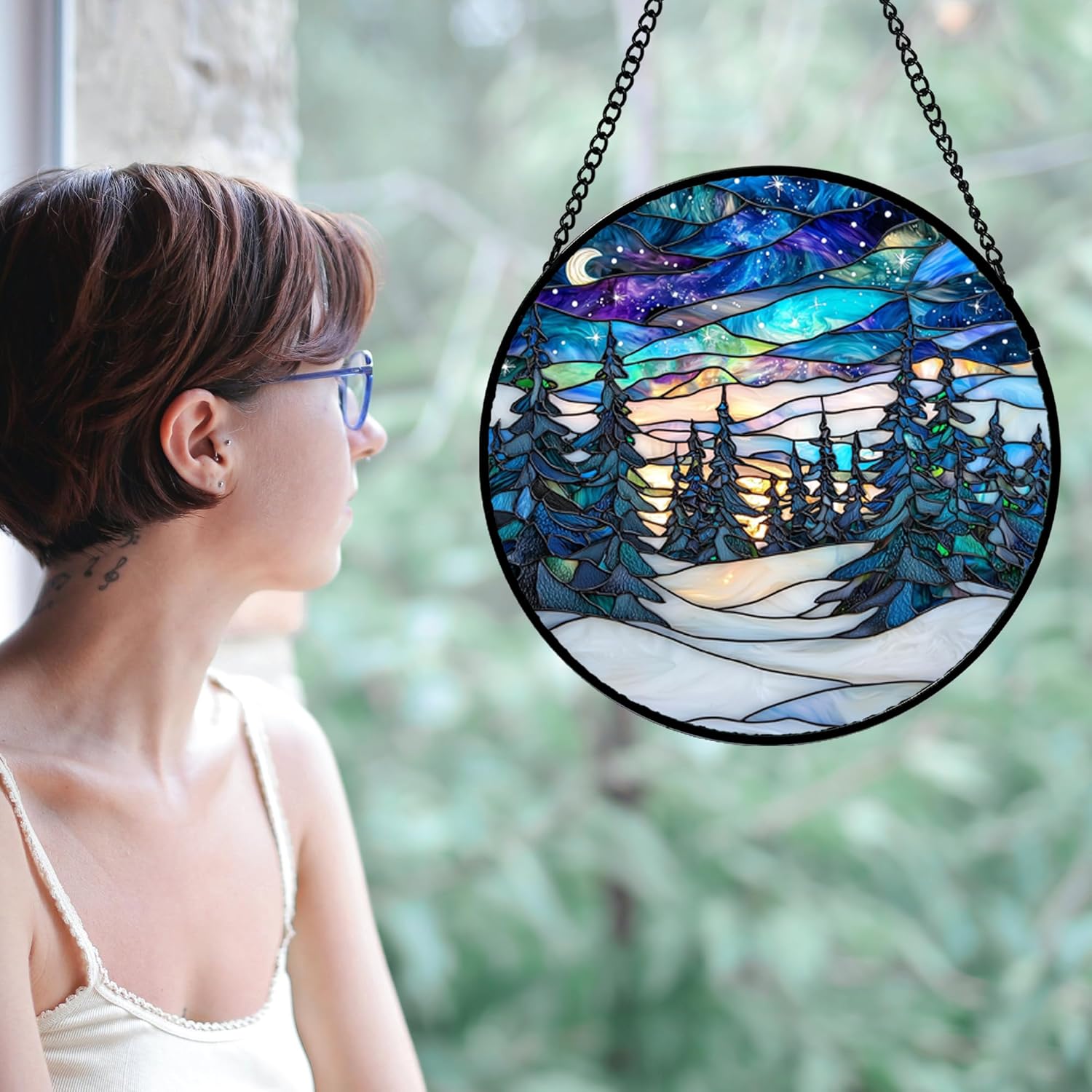 Stained Glass Window Hanging, Starry Sky Trees and Snow Sun Catchers Glass Panel Blue Suncatcher
