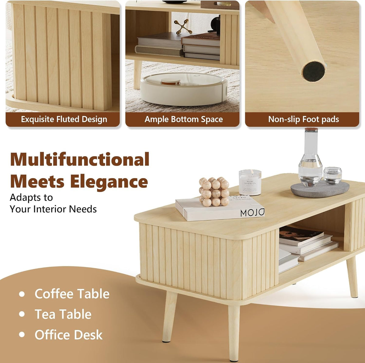 LAZZO Coffee Table with Storage Center Table for Living Room Rectangle Coffee Table with Rounded
