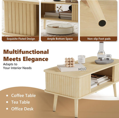 LAZZO Coffee Table with Storage Center Table for Living Room Rectangle Coffee Table with Rounded