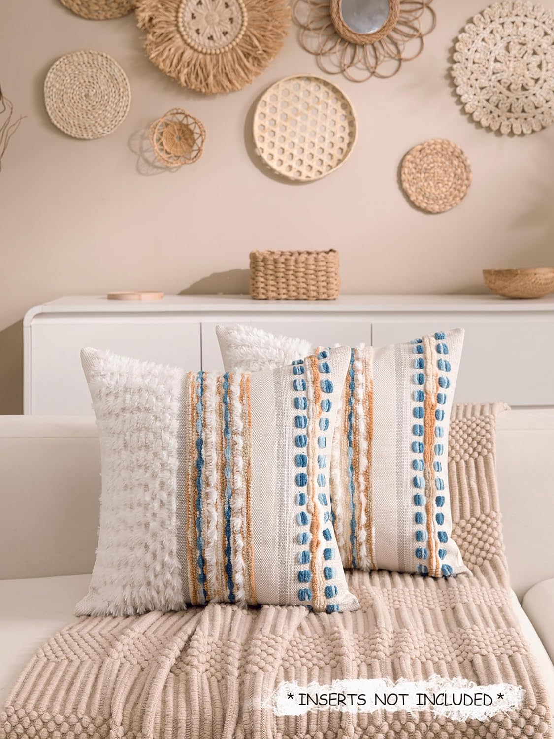 Boho Chenille Tufted Couch Throw Pillow Covers 18x18 Inch Set of 2 Farmhouse Striped Decorative
