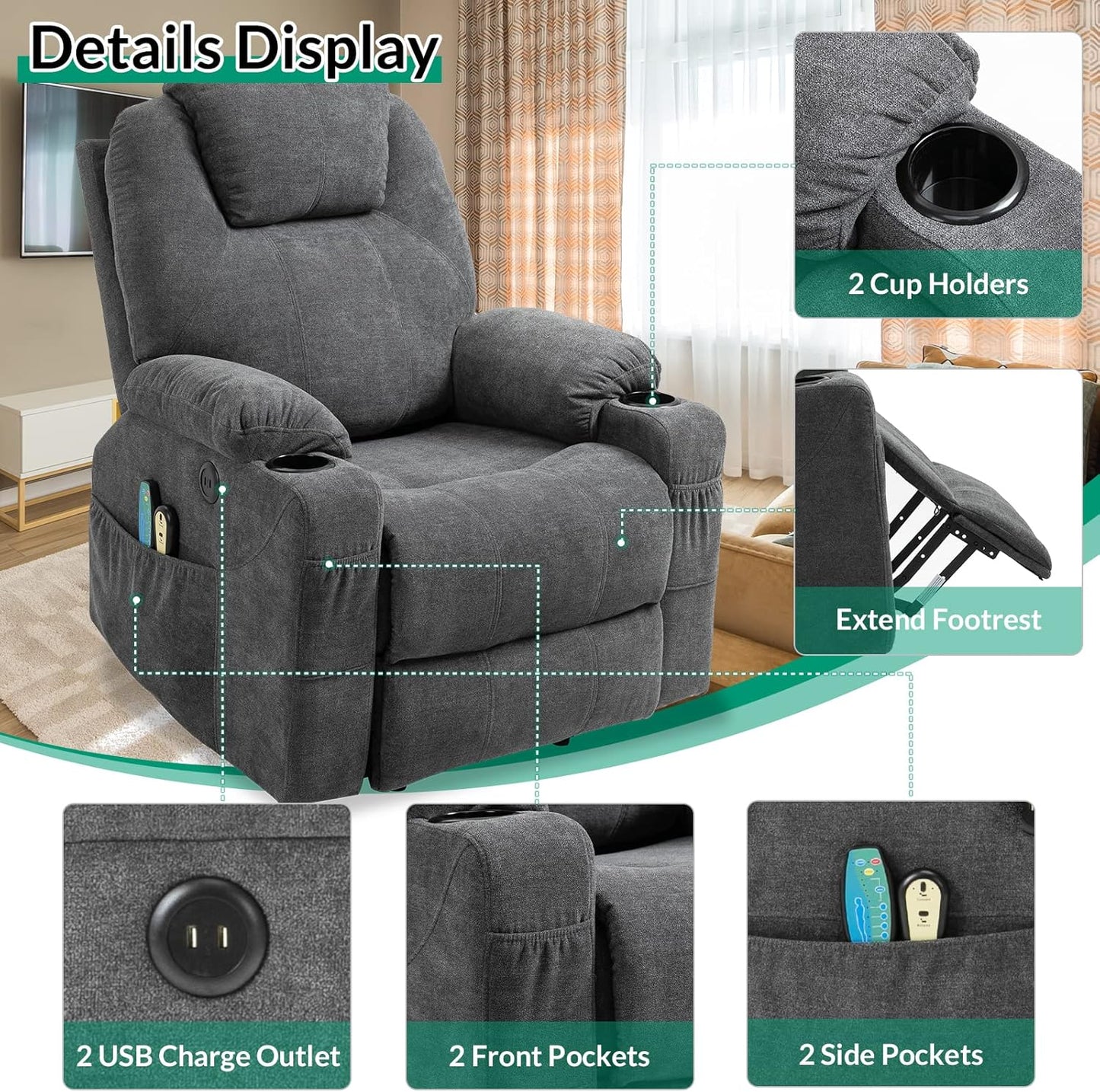 VIVIJASON Power Lift Chair Electric Recliner for Elderly Heated Vibration Massage Fabric Recliner