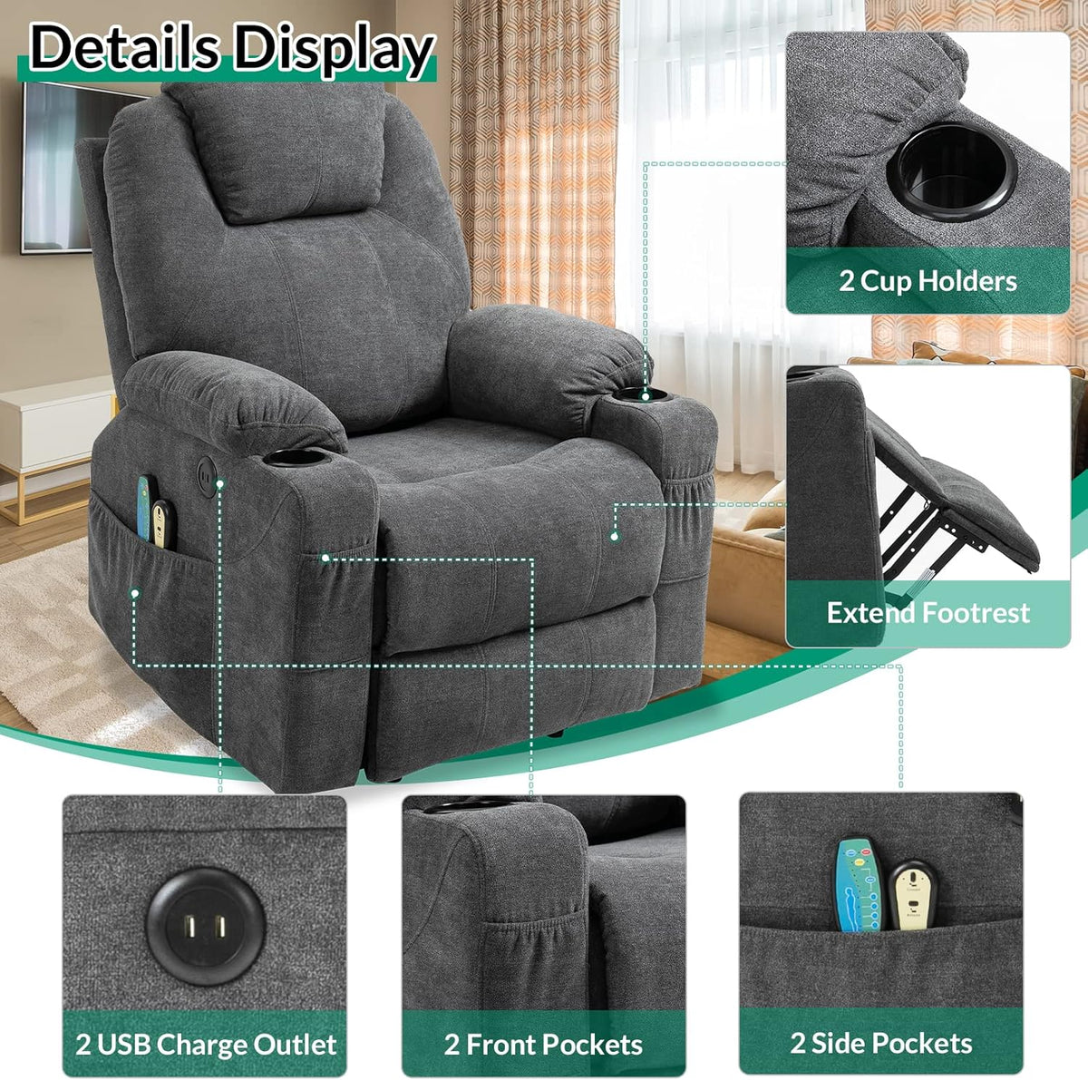 VIVIJASON Power Lift Chair Electric Recliner for Elderly Heated Vibration Massage Fabric Recliner