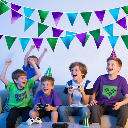 Blue Green Purple Party Decorations Metallic Fabric Triangle Pennant Banner Flag Bunting for Men