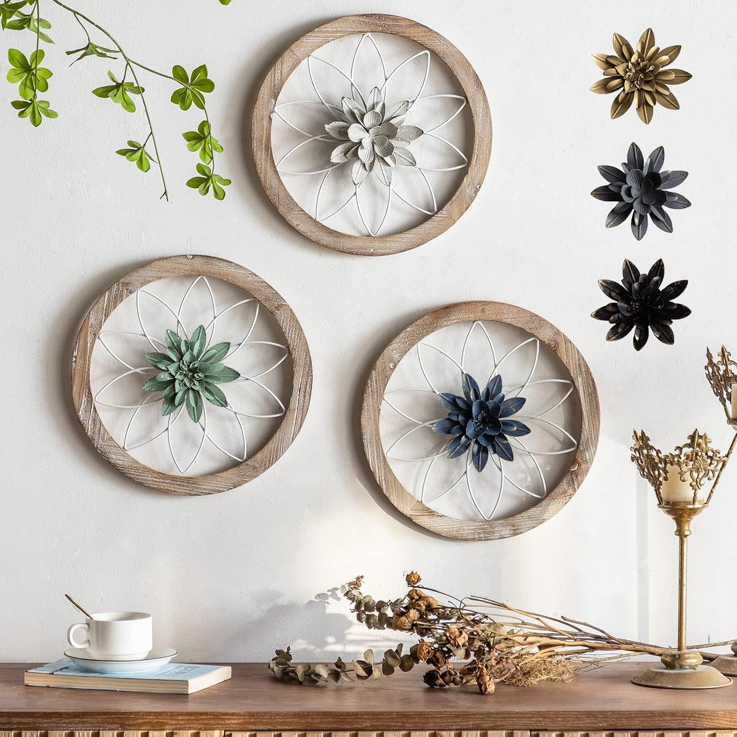 Paquesta 3 Piece Round Farmhouse Wall Decor with 6 Piece Interchangeable Flowers 12'' Medallion