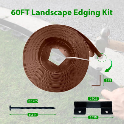 Landscape Edging Border 60 FT 2 Inch Tall with 120 Spikes, Plastic Edging for Landscaping, Garden