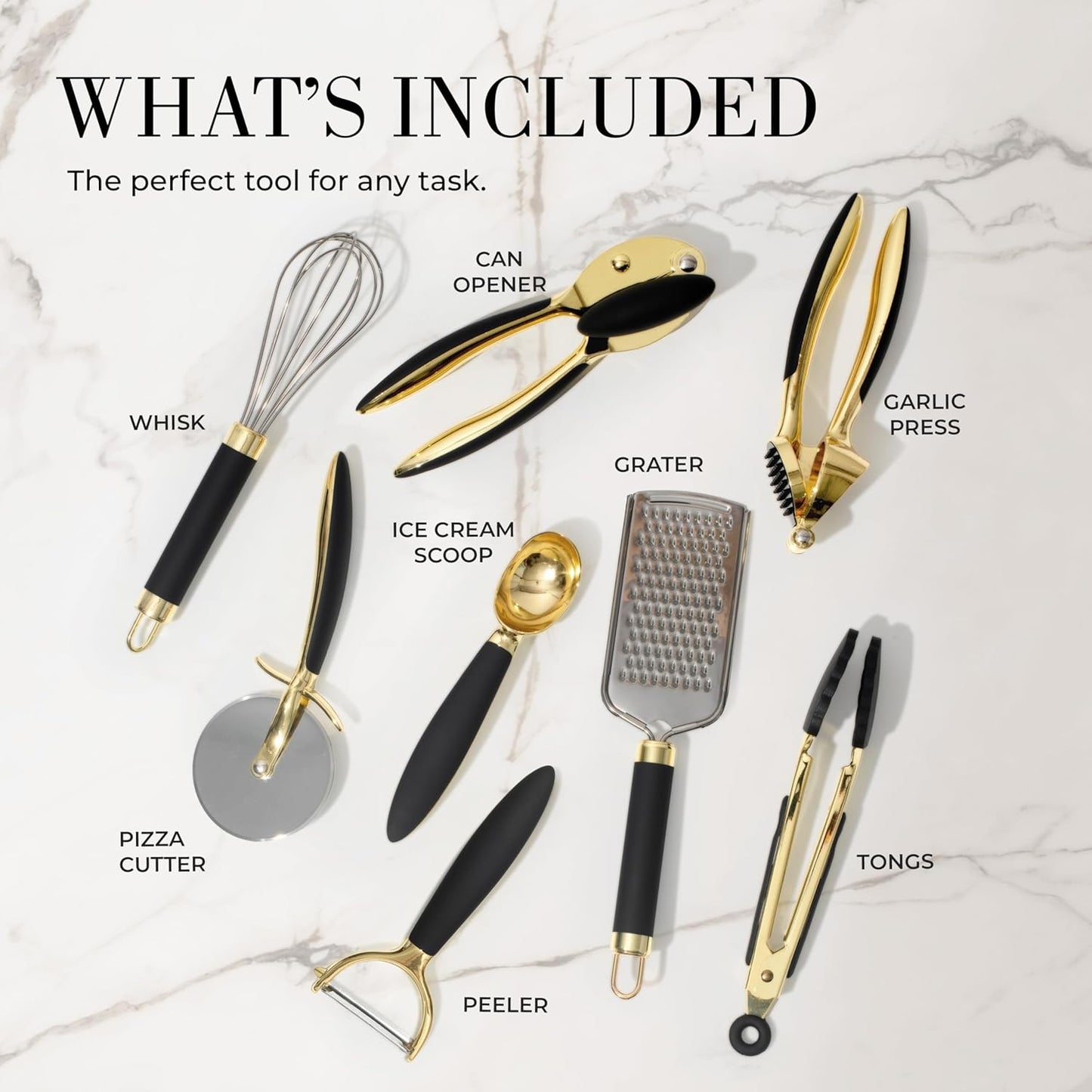 Black and Gold Kitchen Utensils - Luxe 8-Piece Gold Kitchen Tools Set with Can Opener, Pizza