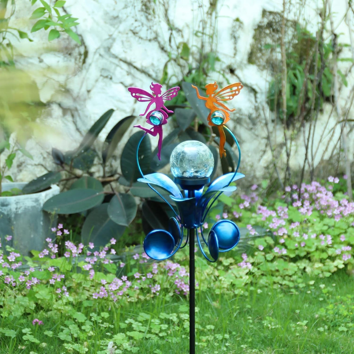 VCUTEKA Solar Lights Outdoor Metal Garden Stake Waterproof Crackle Glass Globe Garden Decor Fairy