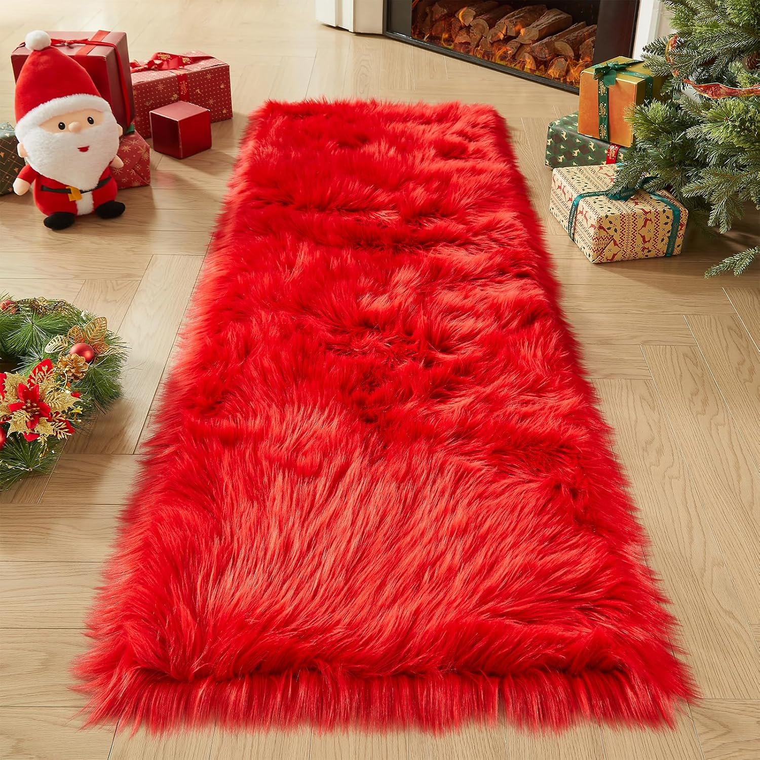 AMTOVO Faux Fur Rug, Red Ultra Soft Fluffy Shag Sheepskin Rug, 2 x 6 ft Runner Area Rugs for