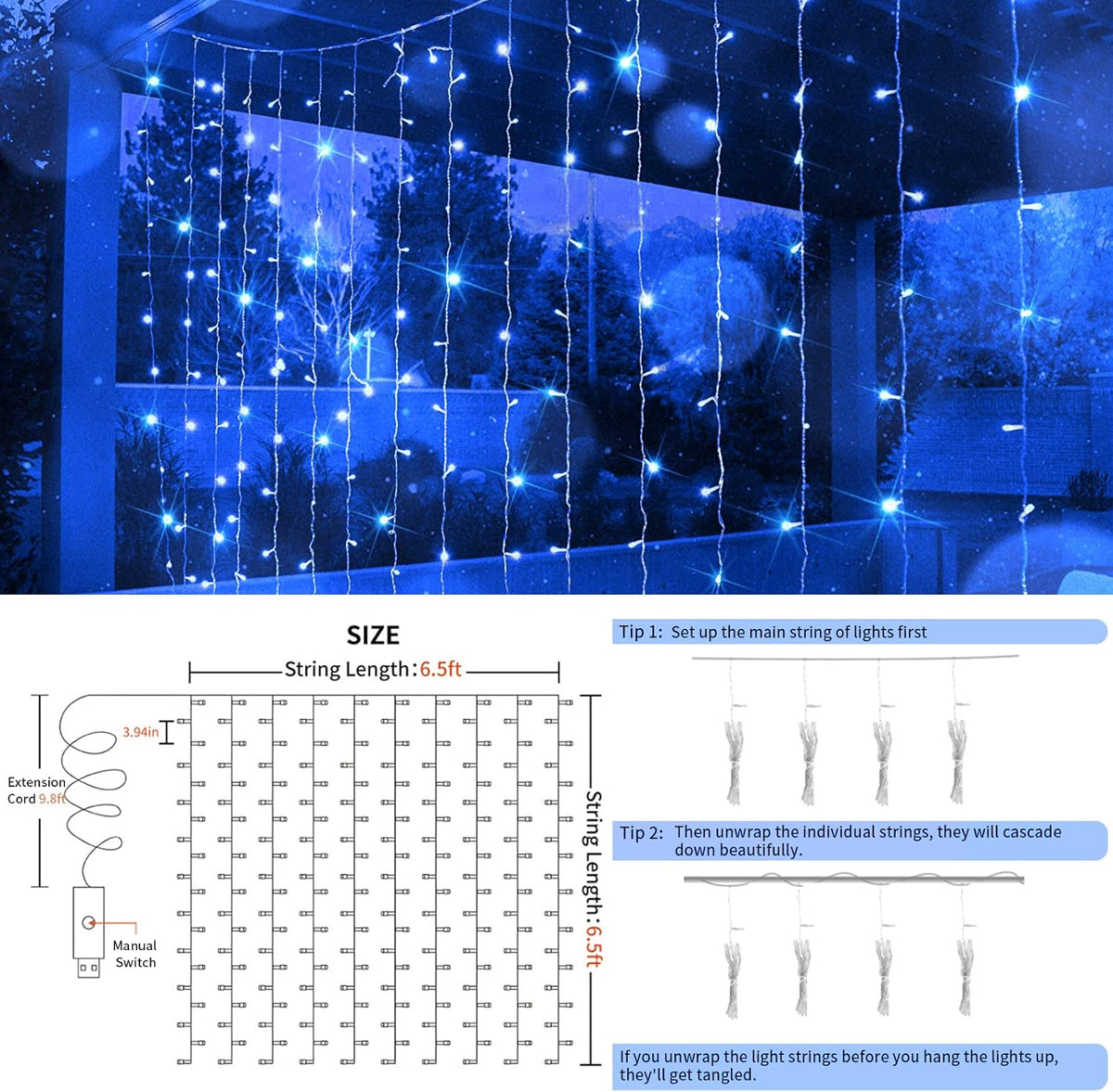 suddus Curtain Lights for Bedroom, 200 Led Hanging String Lights Outdoor Waterproof, Fairy Curtain