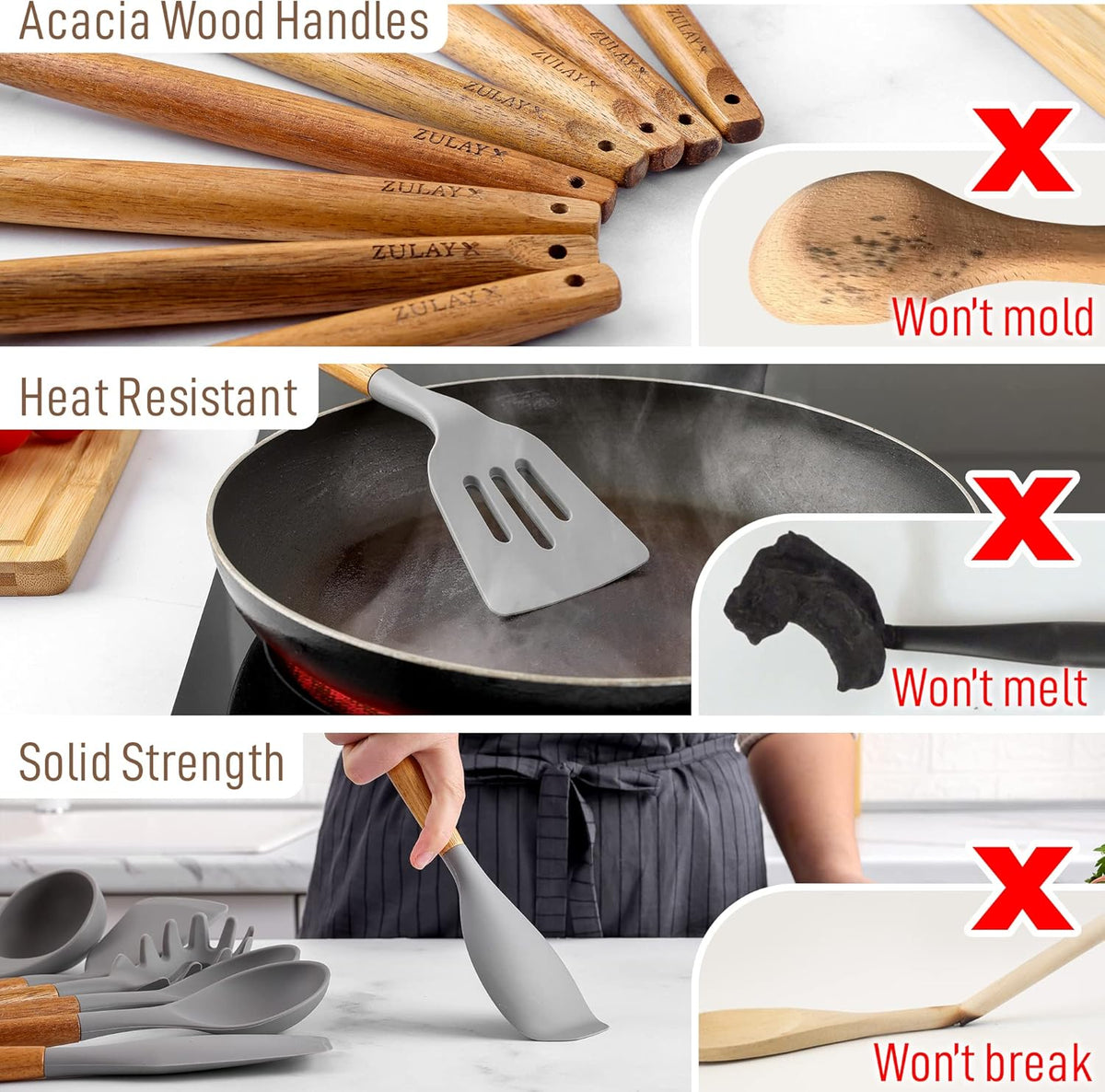 Zulay Kitchen Utensils Set Non-Stick Silicone Cooking Utensils Set with Authentic Acacia Wood