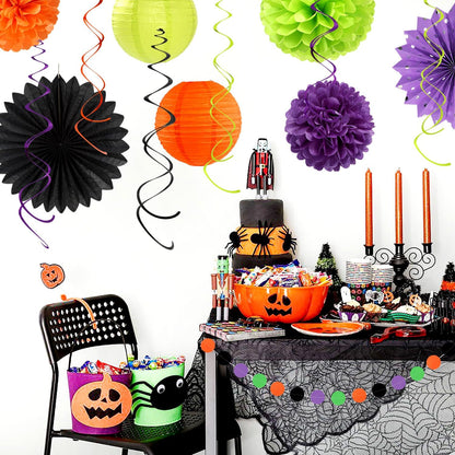 Black-Green Orange-Purple Halloween Birthday Party-Decorations - 21pcs Happy Banner,Paper Lanterns