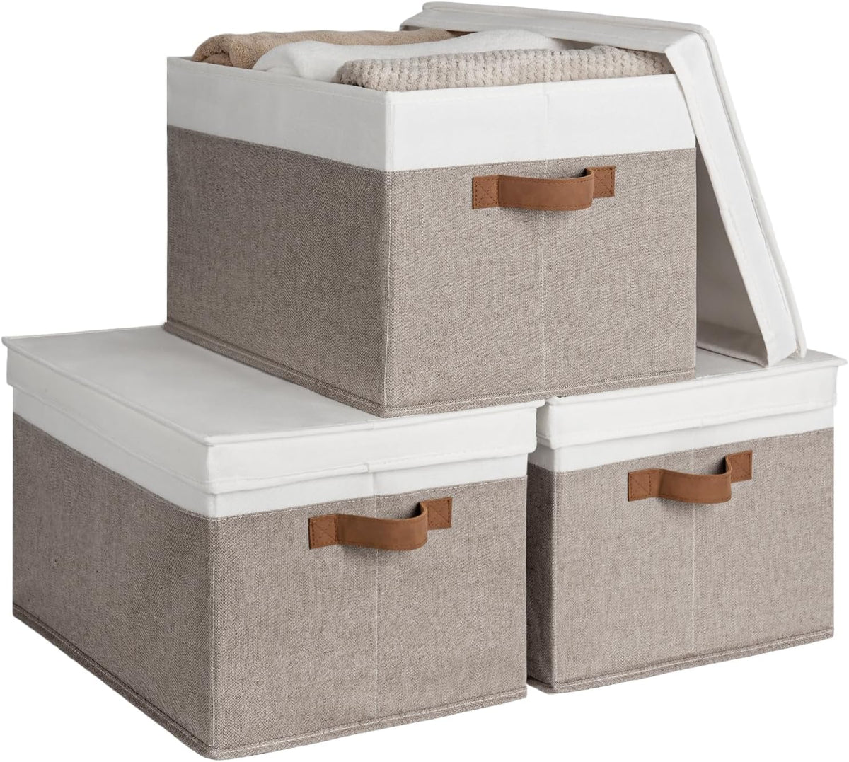 StorageWorks Storage Bins with Lids, Decorative Storage Boxes with Lid and PU Handles, Foldable
