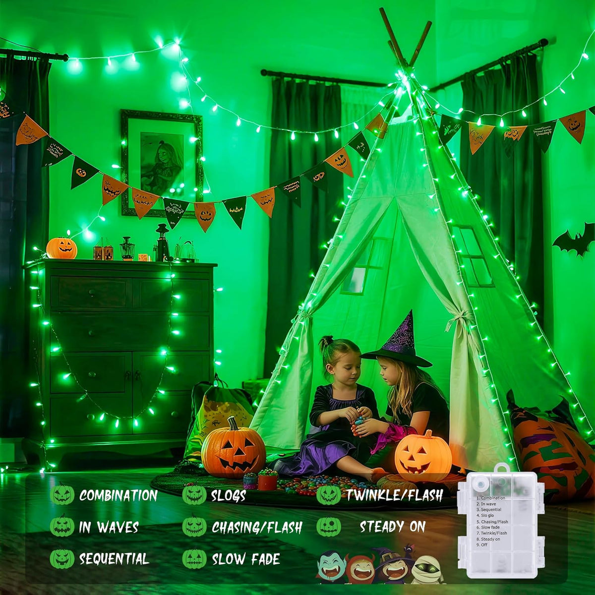 JMEXSUSS 100 LED Green Lights for Halloween Decorations, 33ft Halloween Lights Battery Operated