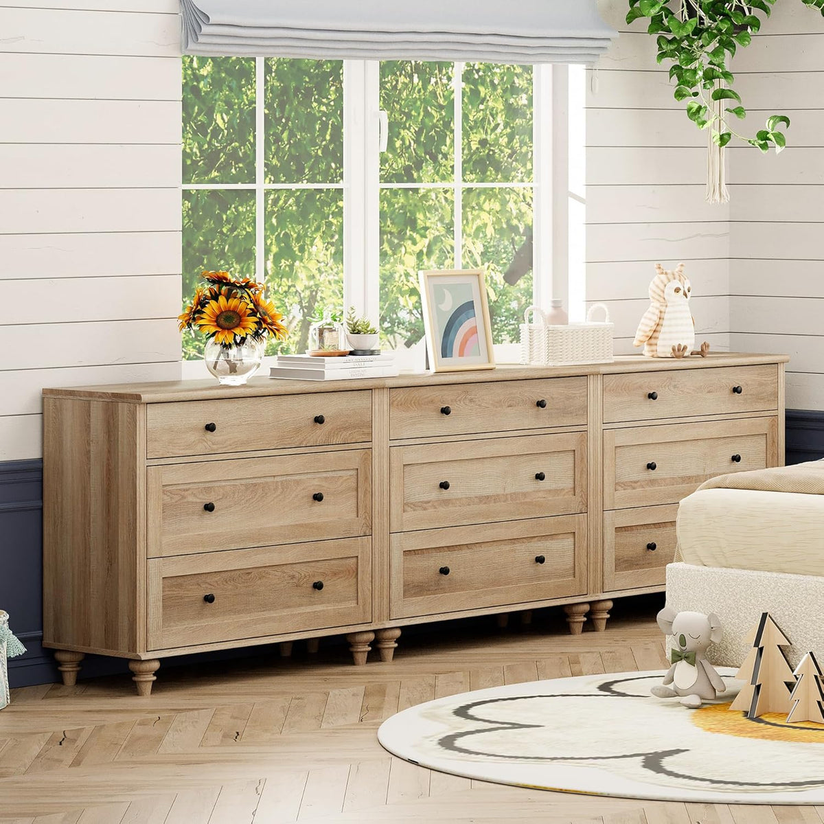 WAMPAT Oak Dresser for Bedroom with 9 Drawers, Kids Dressers with Wide Chest of Drawers, Mid
