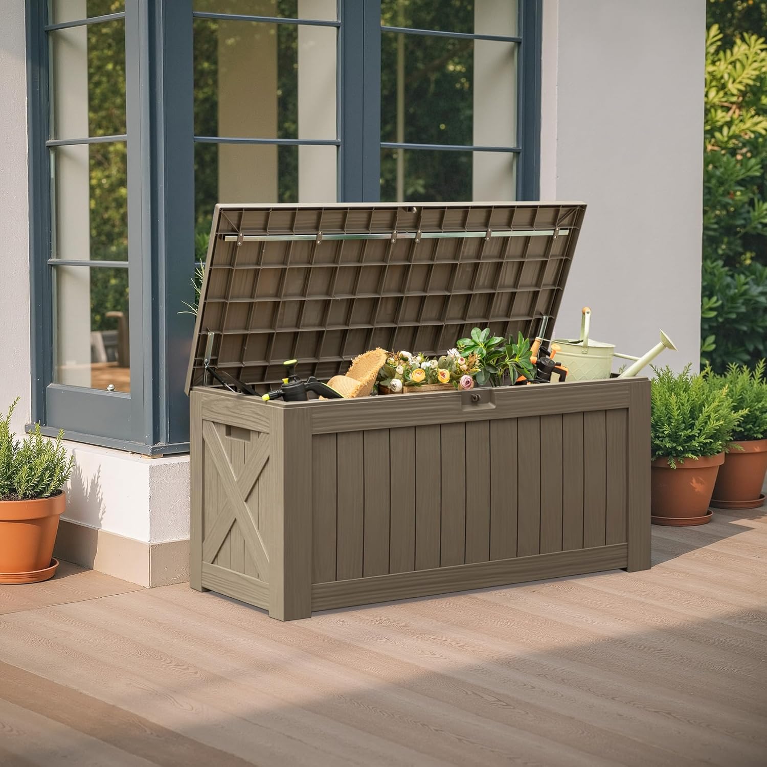 Flamaker Resin Deck Box 120 Gallon Waterproof Large Outdoor Indoor Storage Box Imitation Wood Resin
