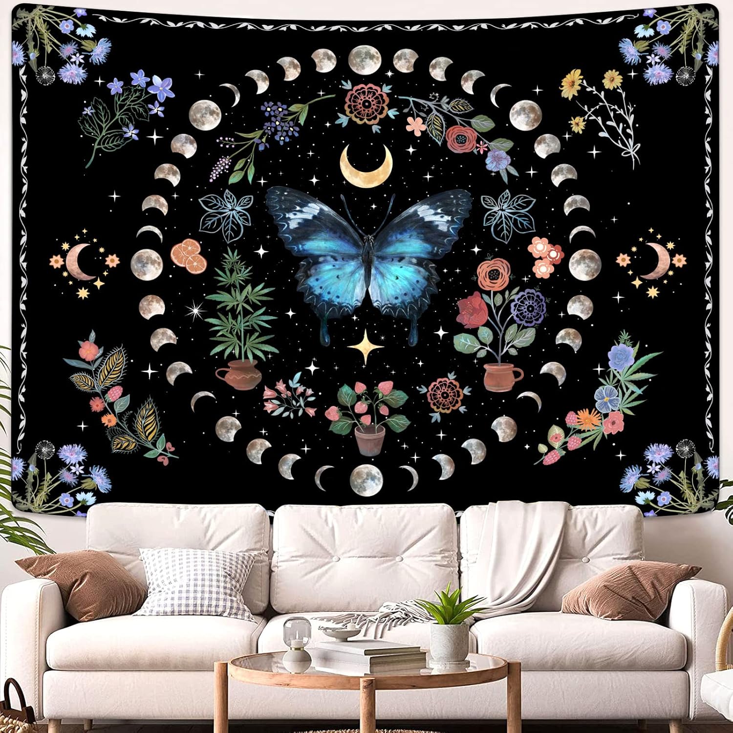 Fowocu Blue Butterfly Moon Flower Tapestry Boho Floral Plant Tapestries for Bedroom Aesthetic