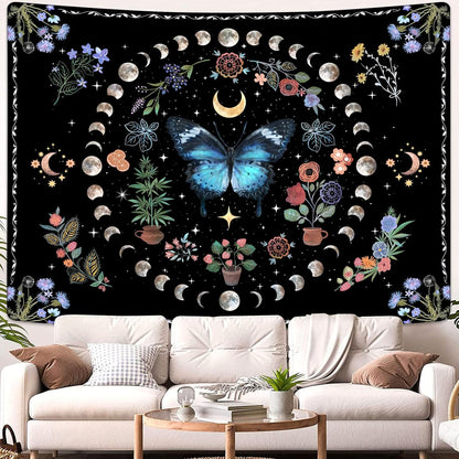 Fowocu Blue Butterfly Moon Flower Tapestry Boho Floral Plant Tapestries for Bedroom Aesthetic