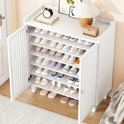 IRONCK Shoe Cabinet with Slatted Doors, 6-Tier Shoe Storage Cabinet, White