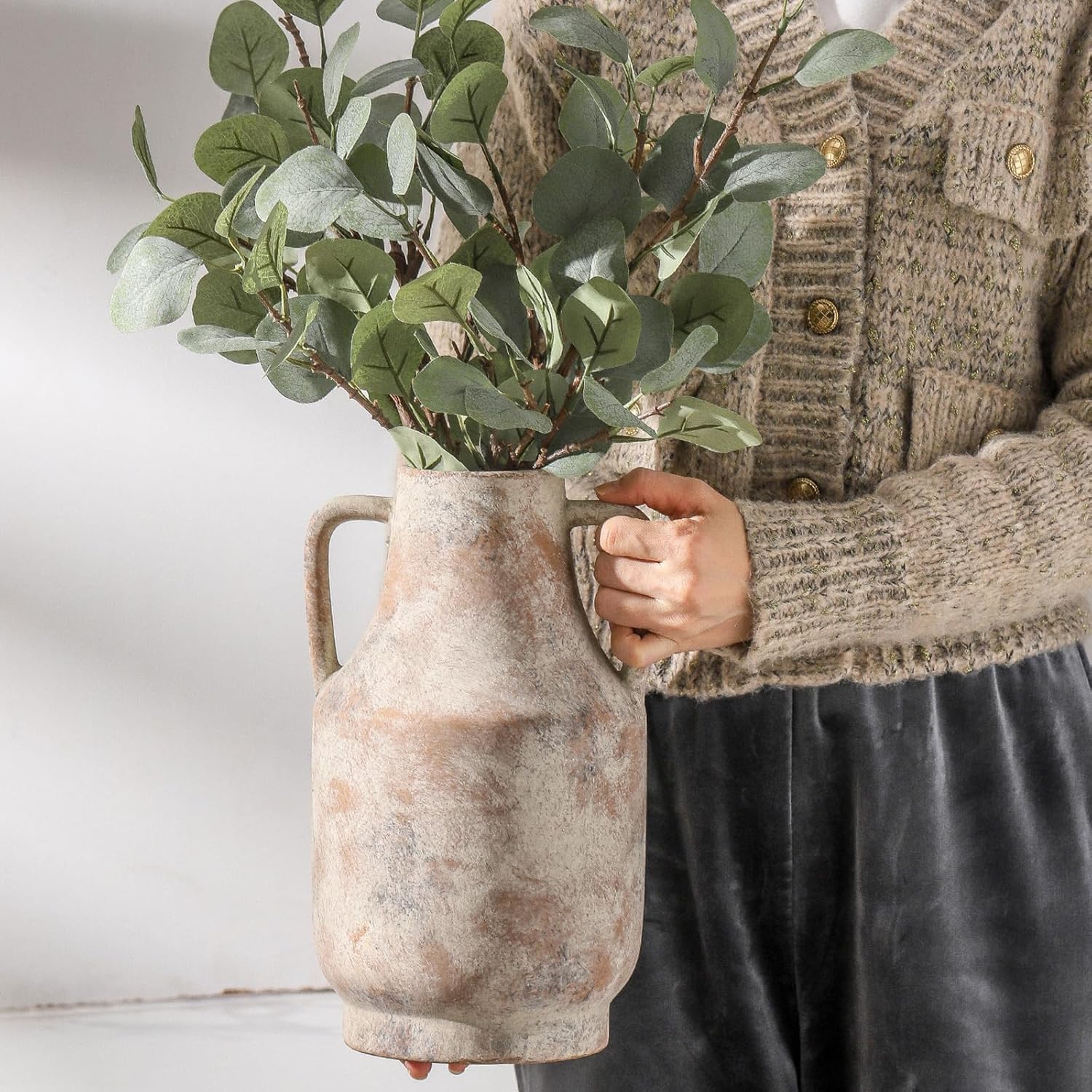 Mitt&Ditt Ceramic Flower Vase with Handles, 11 inch Tall Vase for Centerpieces, Large Decorative