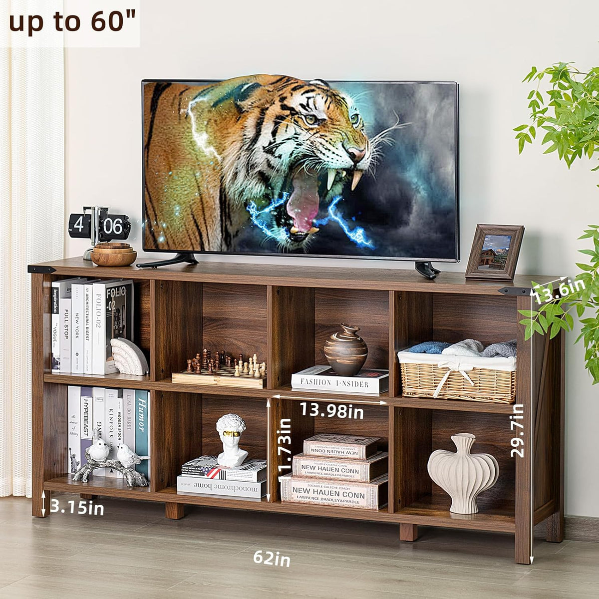 8 Cube Book Shelf, Farmhouse Wood Long Storage Organizer Bookcase, 62" Horizontal Brown Walnut