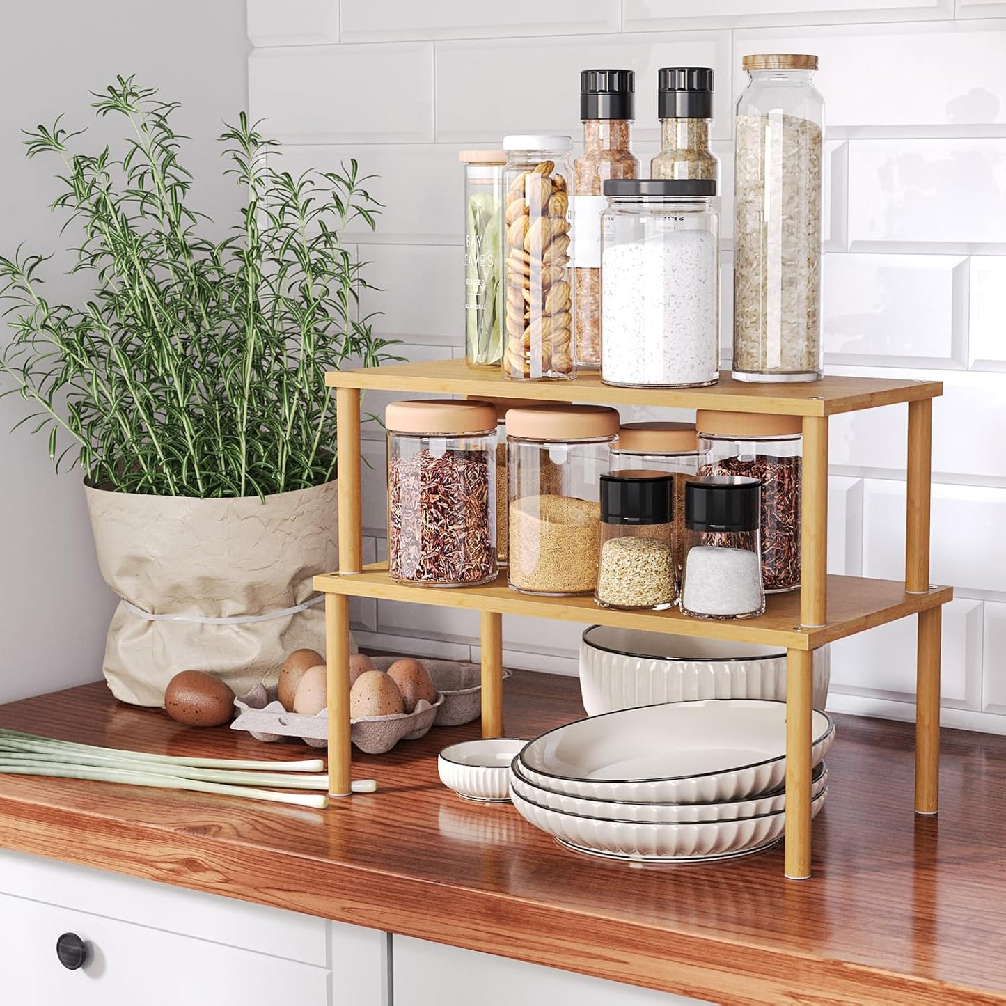 Cabinet Organizer Shelf(Set of 2),Kitchen Counter Shelves,Bamboo Stackable Expandable Spice Rack