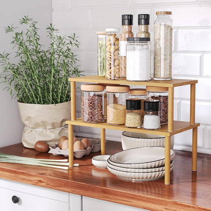 Cabinet Organizer Shelf(Set of 2),Kitchen Counter Shelves,Bamboo Stackable Expandable Spice Rack