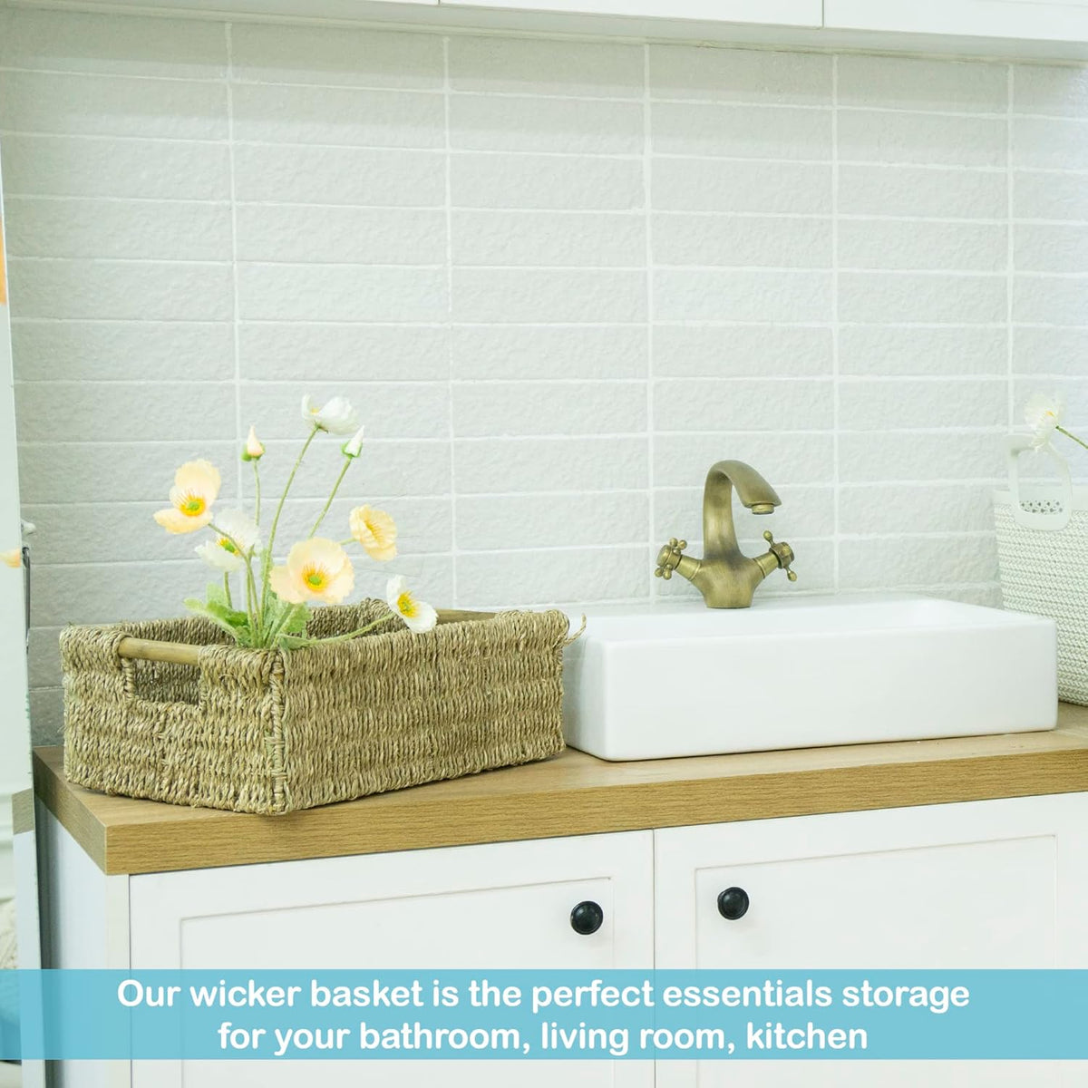 Large Natural Wicker Basket Rectangular with Wooden Handles, Seagrass Storage for Organizing