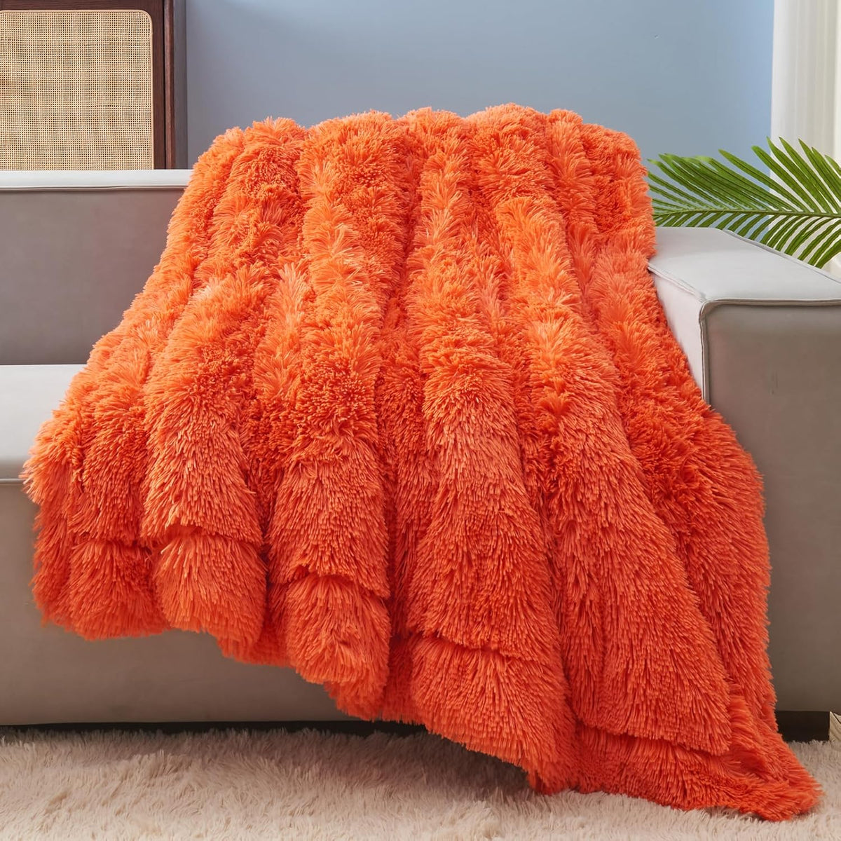 GONAAP Fuzzy Faux Fur Throw Blanket Twin Size Orange Super Soft Cozy Plush Fuzzy Shaggy Blanket for