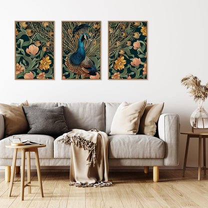 HLNIUC Peacock Framed Canvas Wall Art,Large Peacock Flower Wall Decor Set of 3(16”x24”)Modern