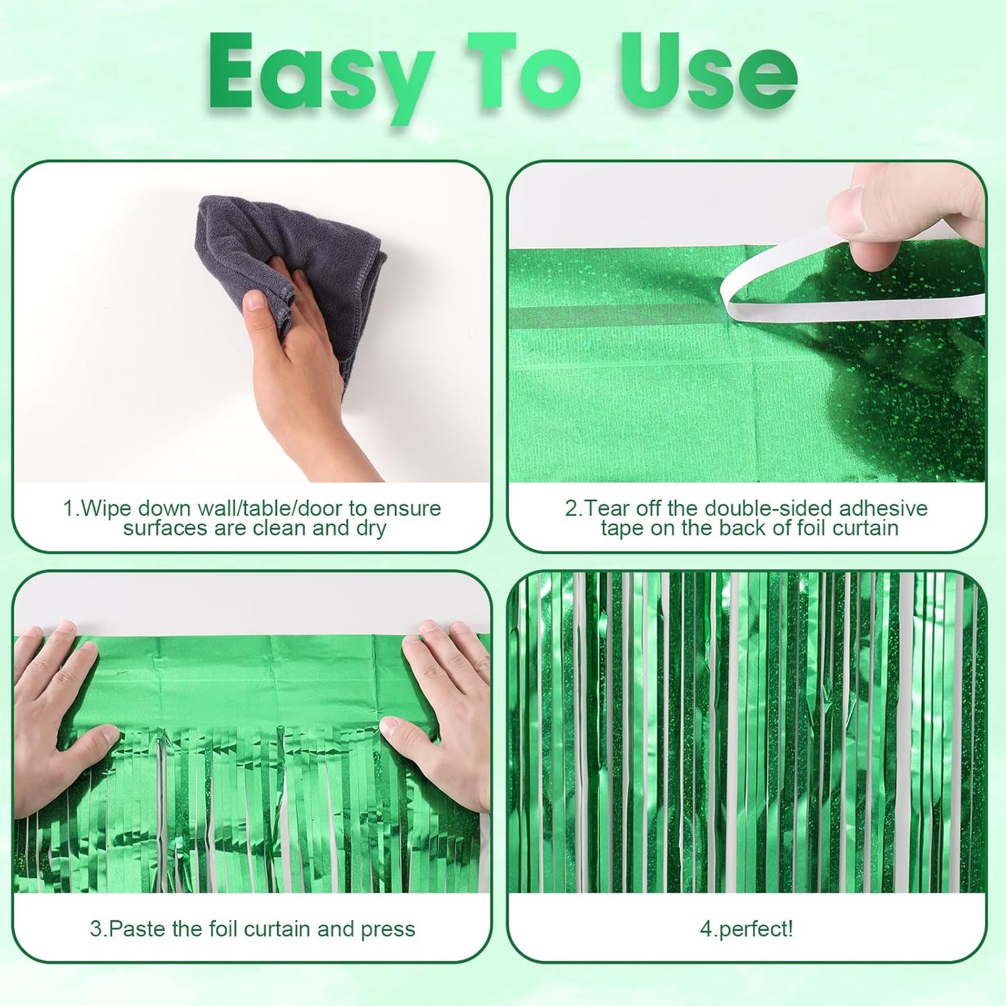 3 Pack 3.3 x 8.2 ft Laser Green Foil Fringe Backdrop Curtains, Tinsel Streamers Birthday Party