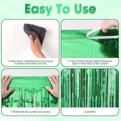 3 Pack 3.3 x 8.2 ft Laser Green Foil Fringe Backdrop Curtains, Tinsel Streamers Birthday Party