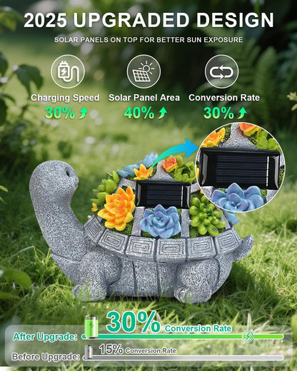 Solar Turtle Statue Garden Decor for Outside with Succulents and 7 LED Lights – 10.3 Inch Cute Lawn